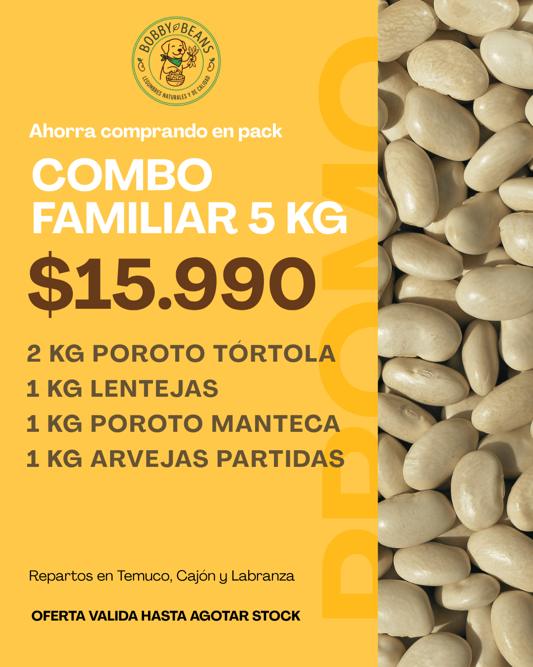 Pack familiar de legumbres: porotos tórtola, arvejas, lentejas y manteca (5 kg) - Bobby Beans Ltda